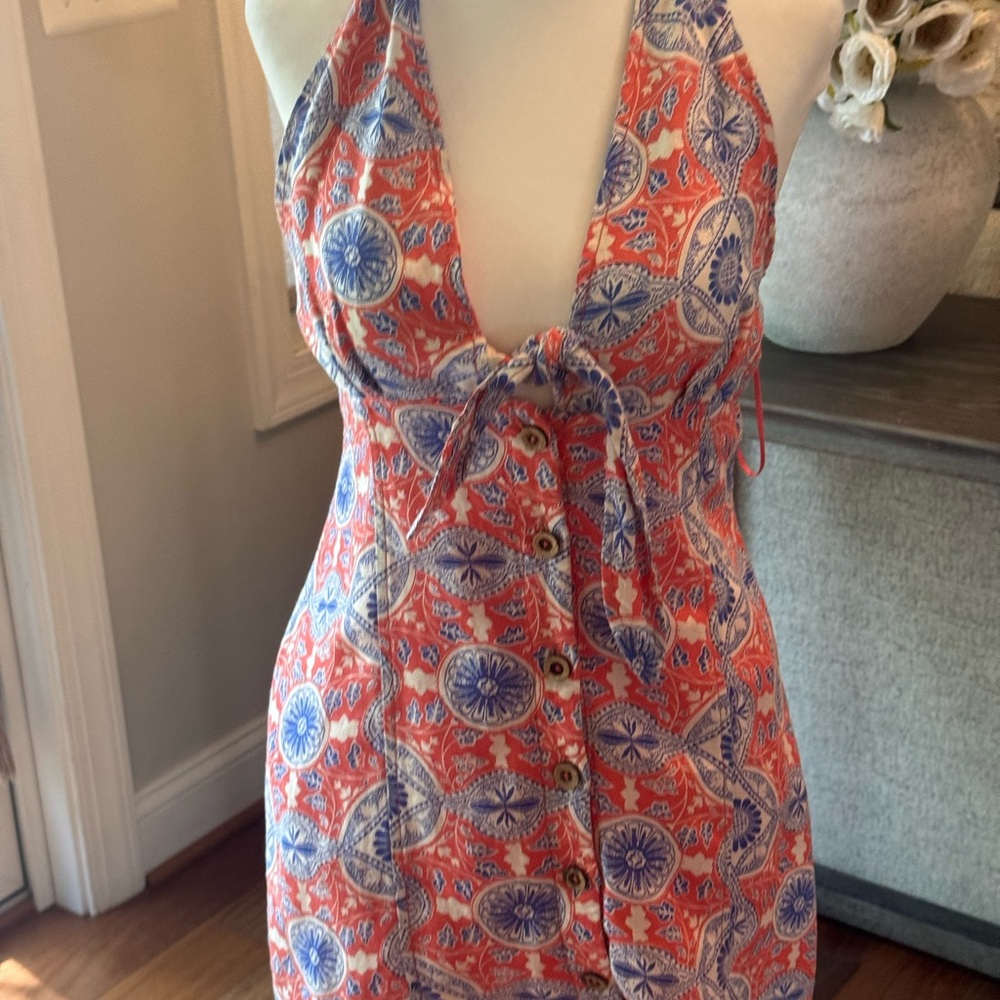 Anthropologie Red and Blue Patterned Mini Dress